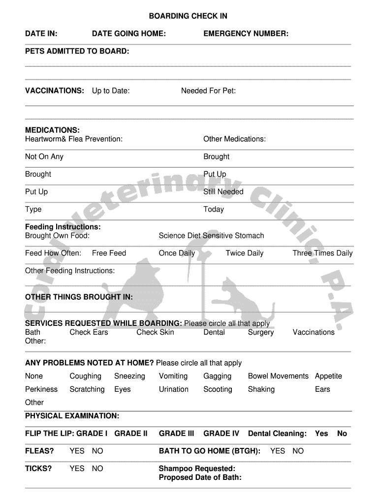 Cat Boarding Check in Form Coral Veterinary