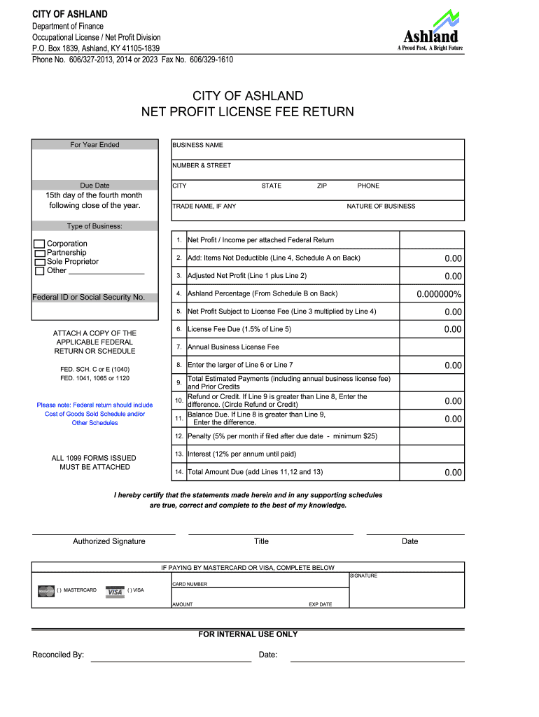 Ashland Ky Net Profit License Fee Return  Form