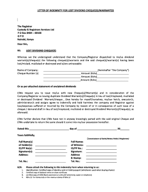 LETTER of INDEMNITY for LOST DIVIDEND CHEQUES Crsltd Co  Form