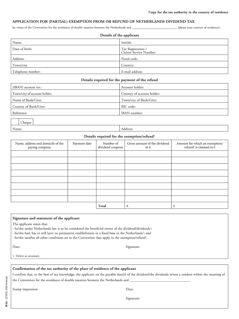 IB 92 2Z 5FOL ENG Universeel Verzoek Gedeeltelijke Vrijstelling of Teruggaaf Nederlandse Dividendbelasting Download Belastingdie  Form