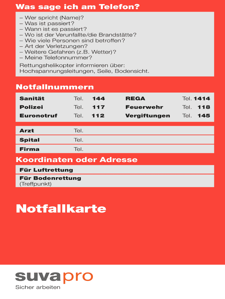 Notfallkarte  SuvaPro Notfallkarte  Widen  Form