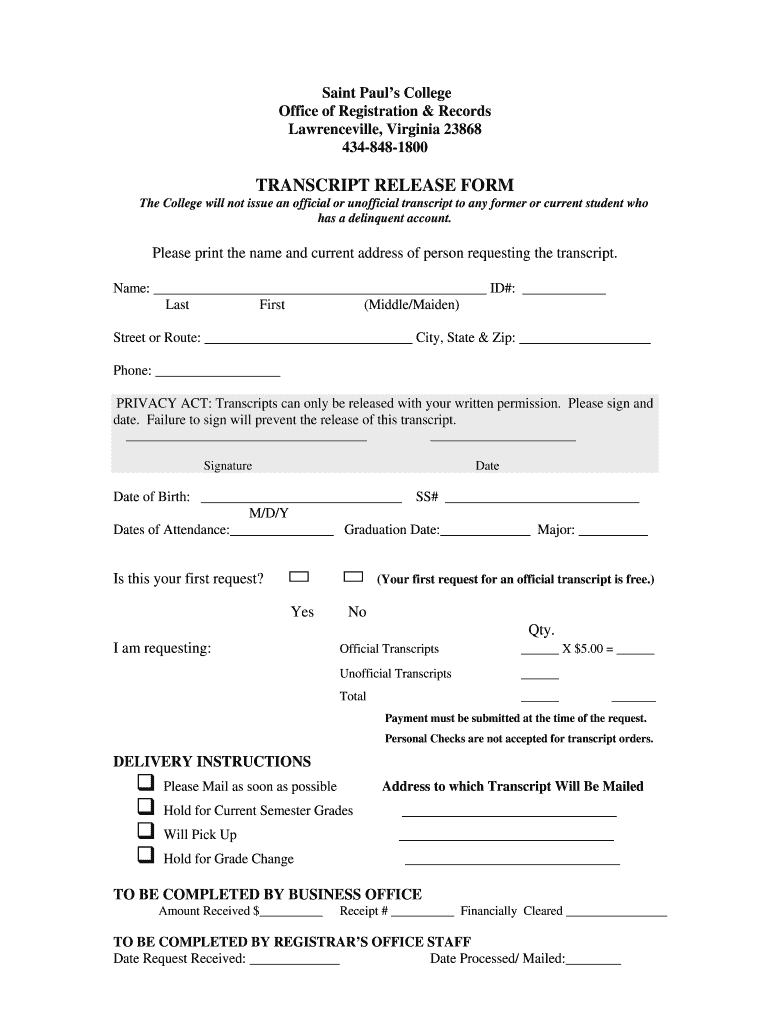 Get and Sign Saint Paul College Va Transcript Request  Form