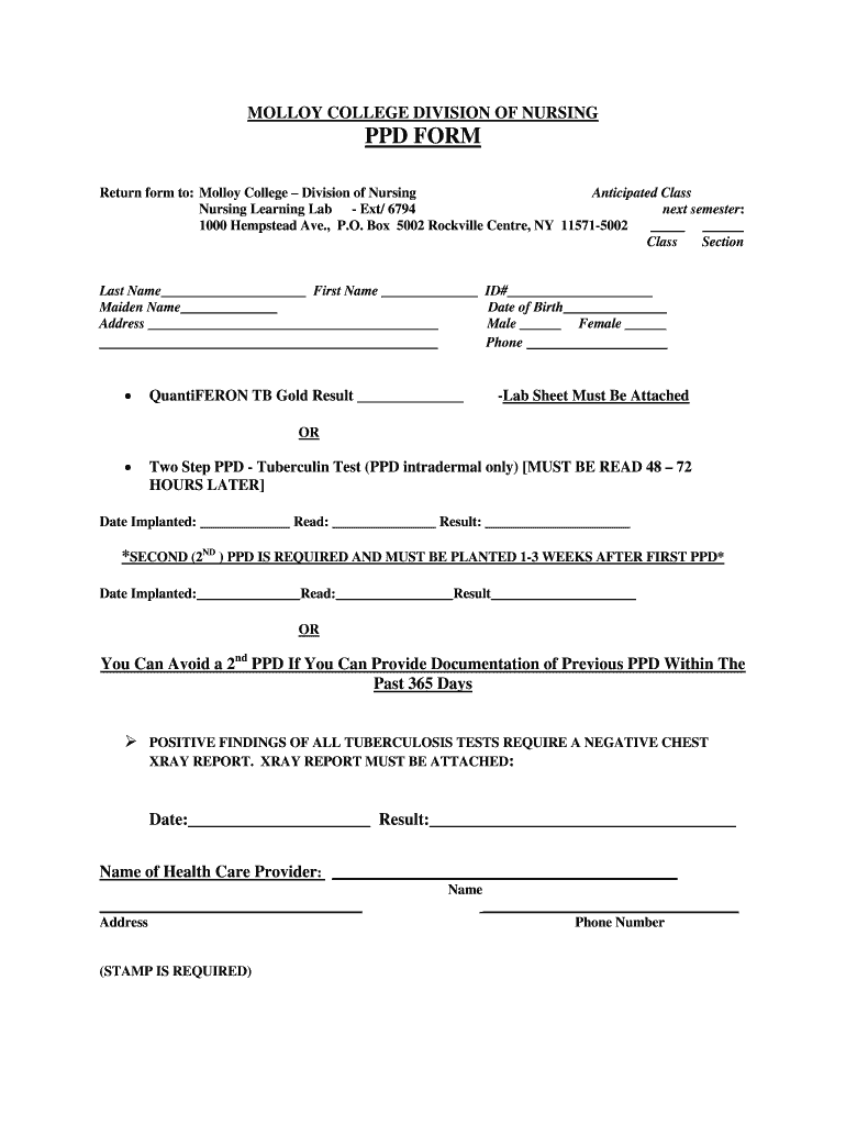 MOLLOY COLLEGE DIVISION of NURSING PPD FORM  Molloy