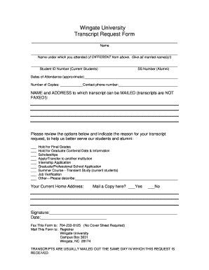 Wingate University Transcript Request  Form