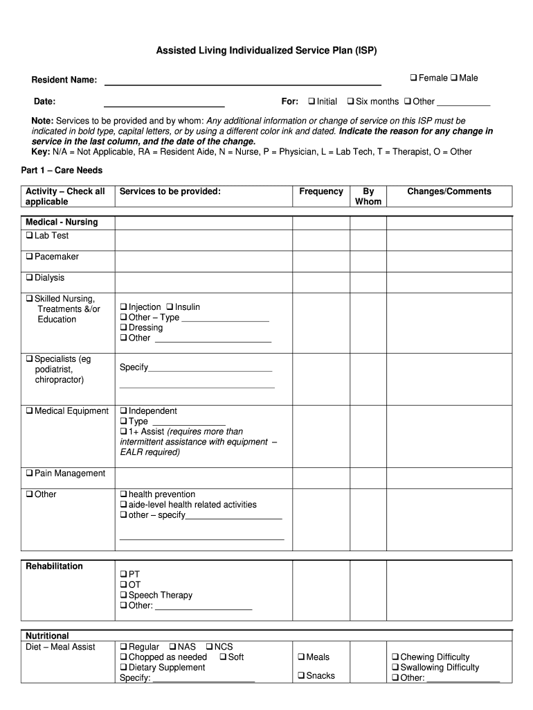 Assisted Living Service Plan Forms