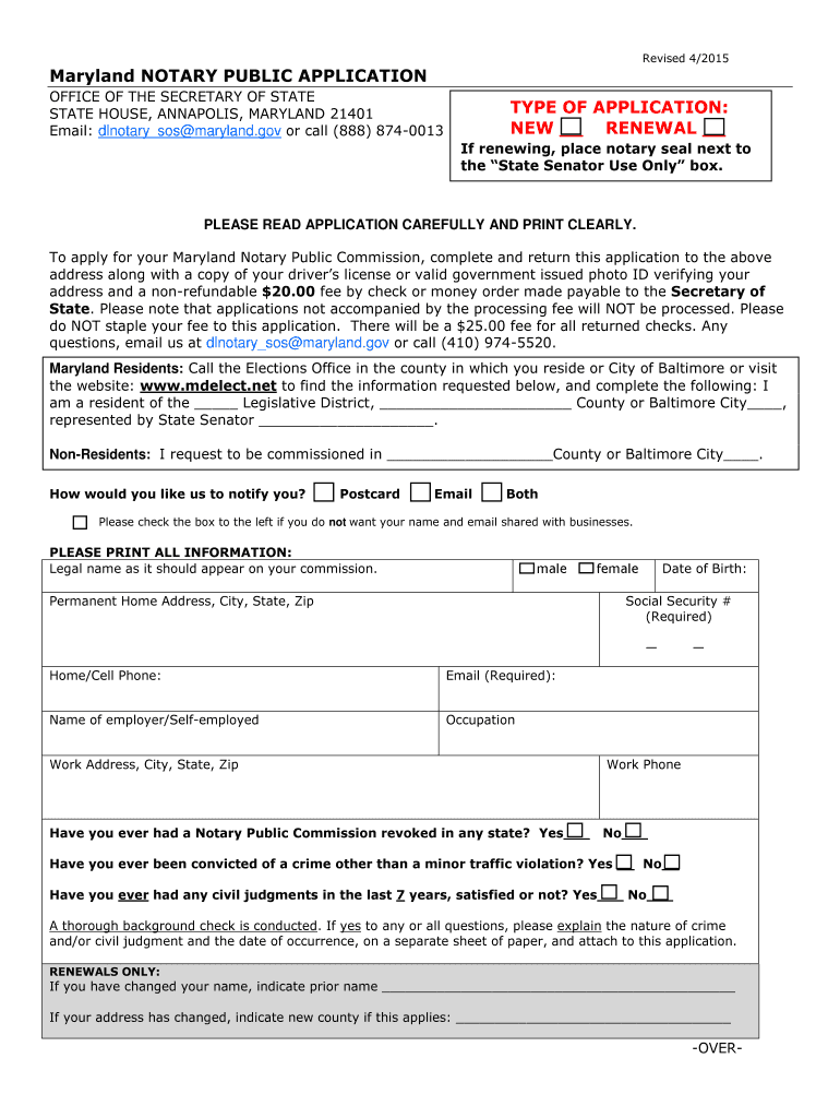 Maryland NOTARY PUBLIC APPLICATION  OFFICE of  Sos State Md  Form