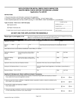 Application for Initial Smog Check Inspector Bureau of Automotive Bar Ca  Form