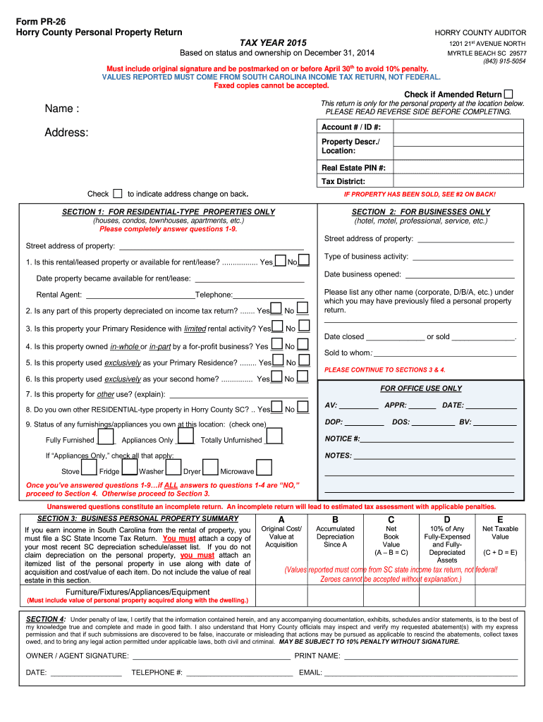  Form PR 26 Horry County Personal Property Return TAX Horrycounty 2020