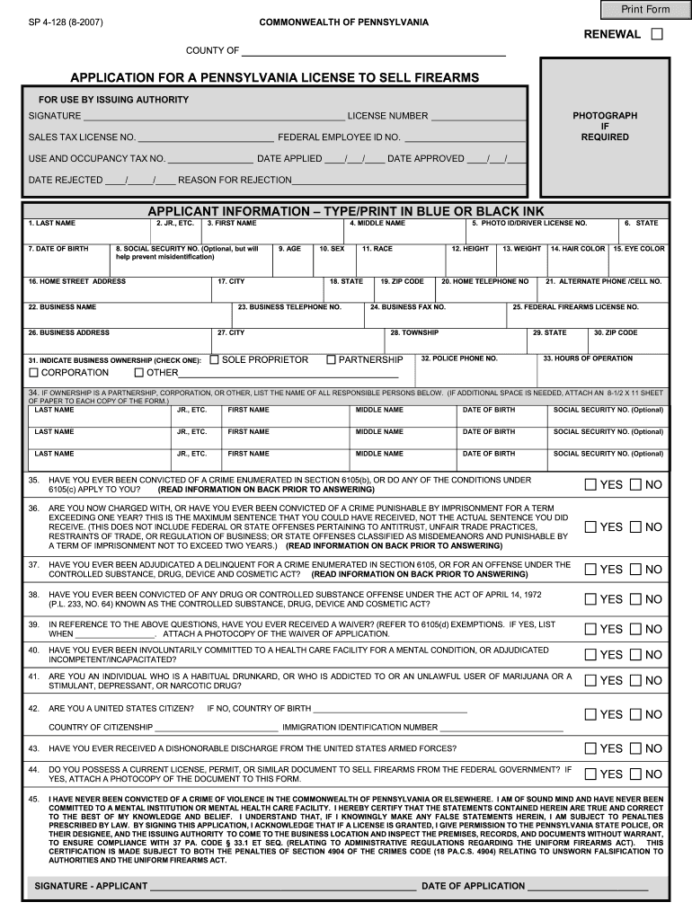 APPLICATION for a PENNSYLVANIA LICENSE to SELL FIREARMS Luzernecounty  Form