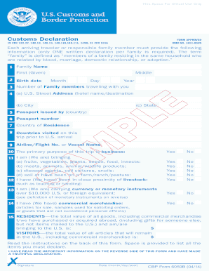 Customs Declaration FORM APPROVED OMB NO 1651 Cbp