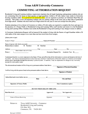 Commuter Authorization Form Texas A&amp;M University Commerce Tamuc