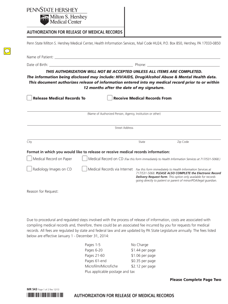 Hershey Medical Center Medical Release  Form