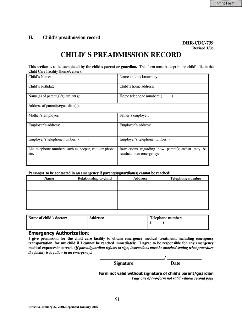  Childs Preadmission Record Dhr 2006-2024