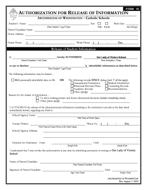 Form 19 Release of Student Information Our Lady of Victory School