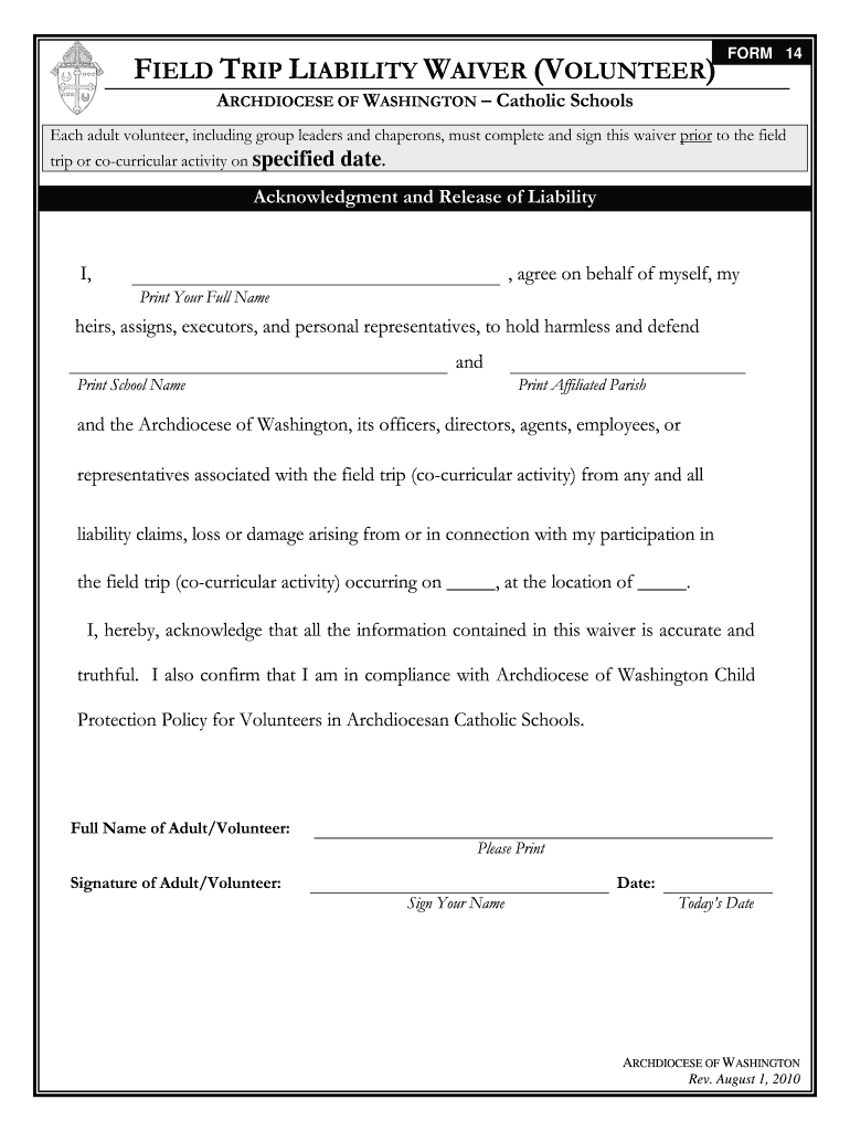  Form 14 Field Trip Waiver for Volunteer 2010-2024