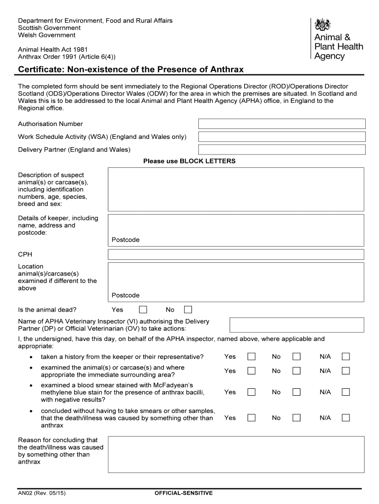  Certificate Non Existence of the Presence of Anthrax Ahvla Defra Gov 2015