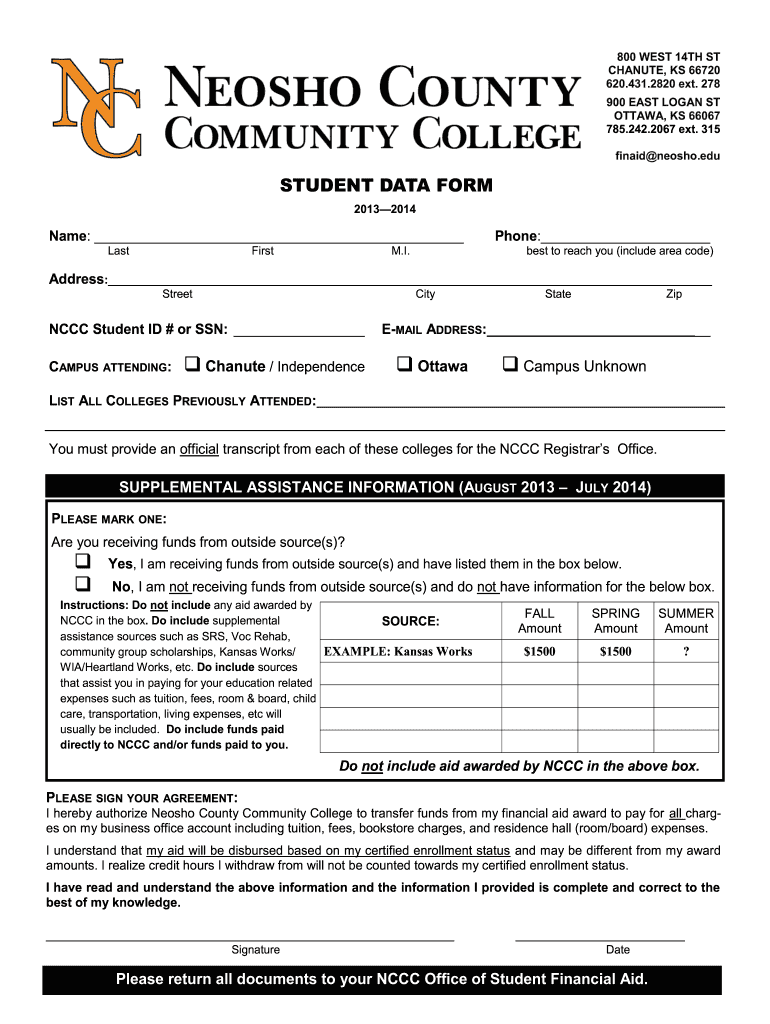  STUDENT DATA FORM  Neosho County Community College 2013