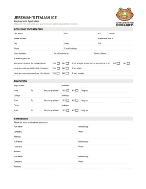 Jeremiahs Italian Ice Employment Application  Form