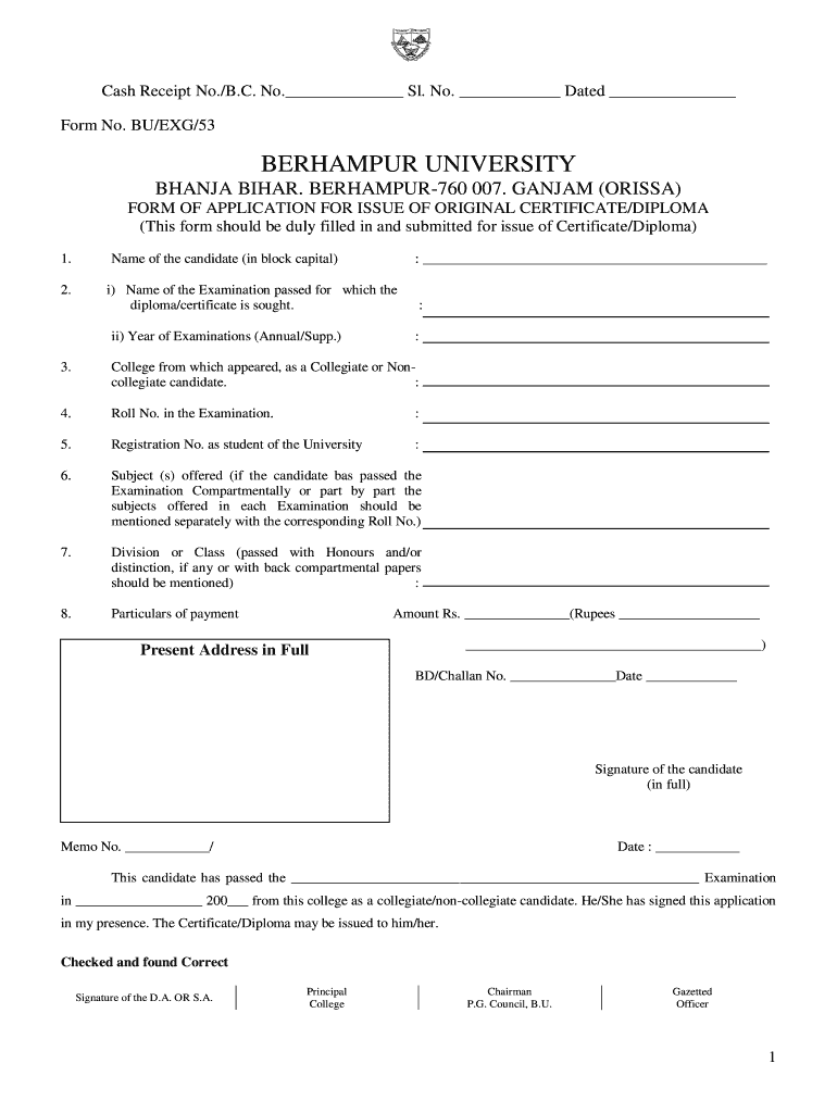 Berhampur University Original Certificate Form