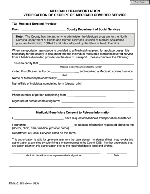 DMA 5118B Ia PDF Medicaid Transportation Verification of Receipt of Covered Service B Info Dhhs State Nc  Form