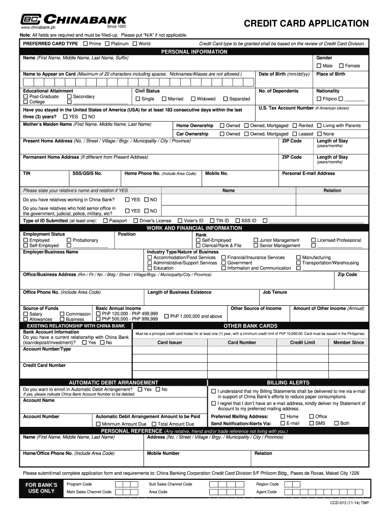  CREDIT CARD APPLICATION  China Bank  Chinabank 2014