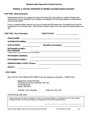 Federal Central Registers of Missing Children Search Request  Form