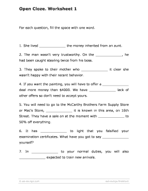 Proficiency Level 6 Open Cloze Worksheets 1 to 5 DOC  Form