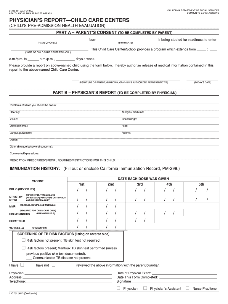 CALIFORNIA DEPARTMENT of SOCIAL SERVICES COMMUNITY CARE LICENSING STATE of CALIFORNIA HEALTH and HUMAN SERVICES AGENCY PHYSICIAN  Form