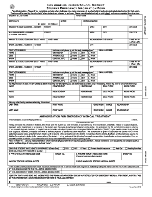 Lausd Student Emergency Form DOC 231 R Sultats 15 Sylmarhs