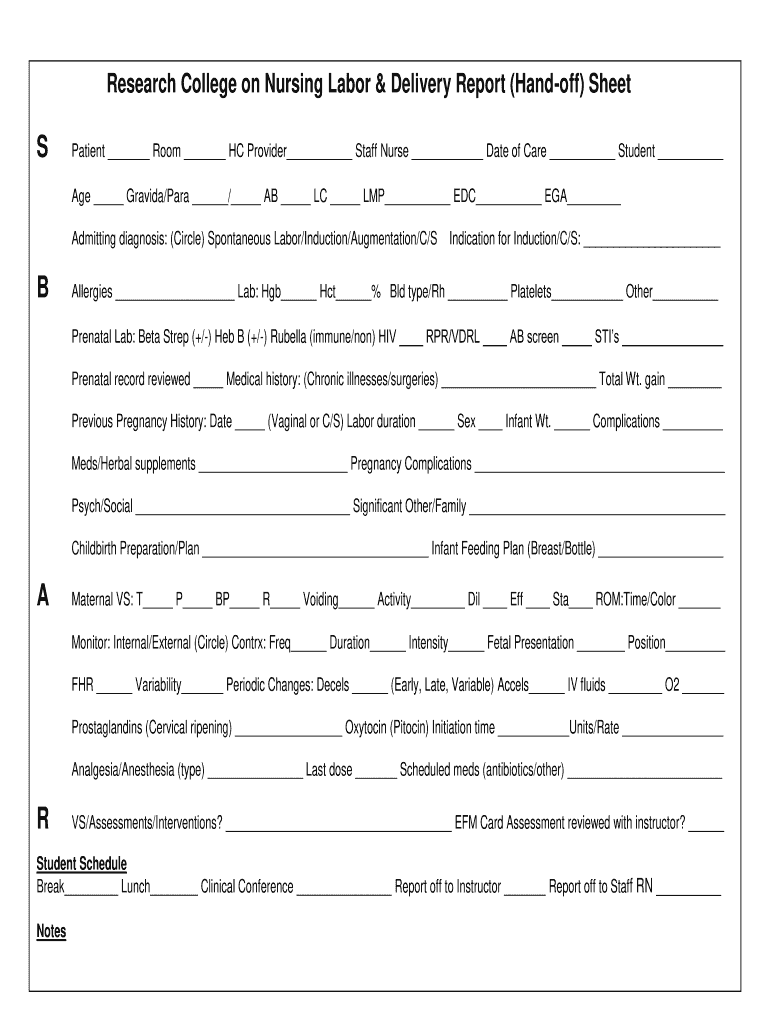 Labor and Delivery Report Sheet  Form