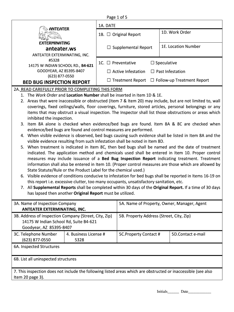 Bed Bug Inspection Report Template  Form