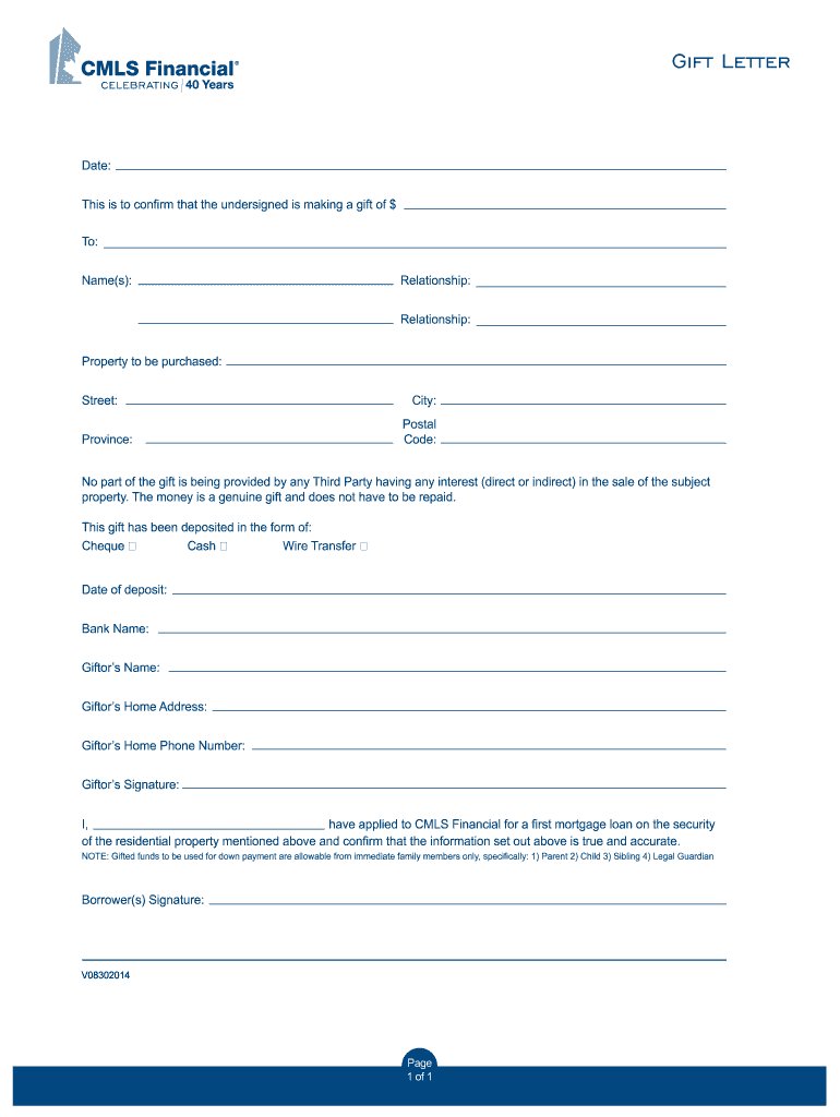 Get and Sign Gift Letter CMLS Financial Cmls 2014 Form