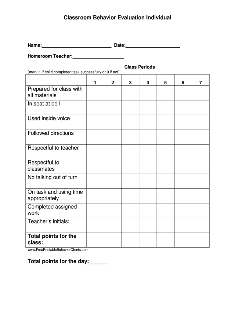 Classroom Behavior Evaluation  Form