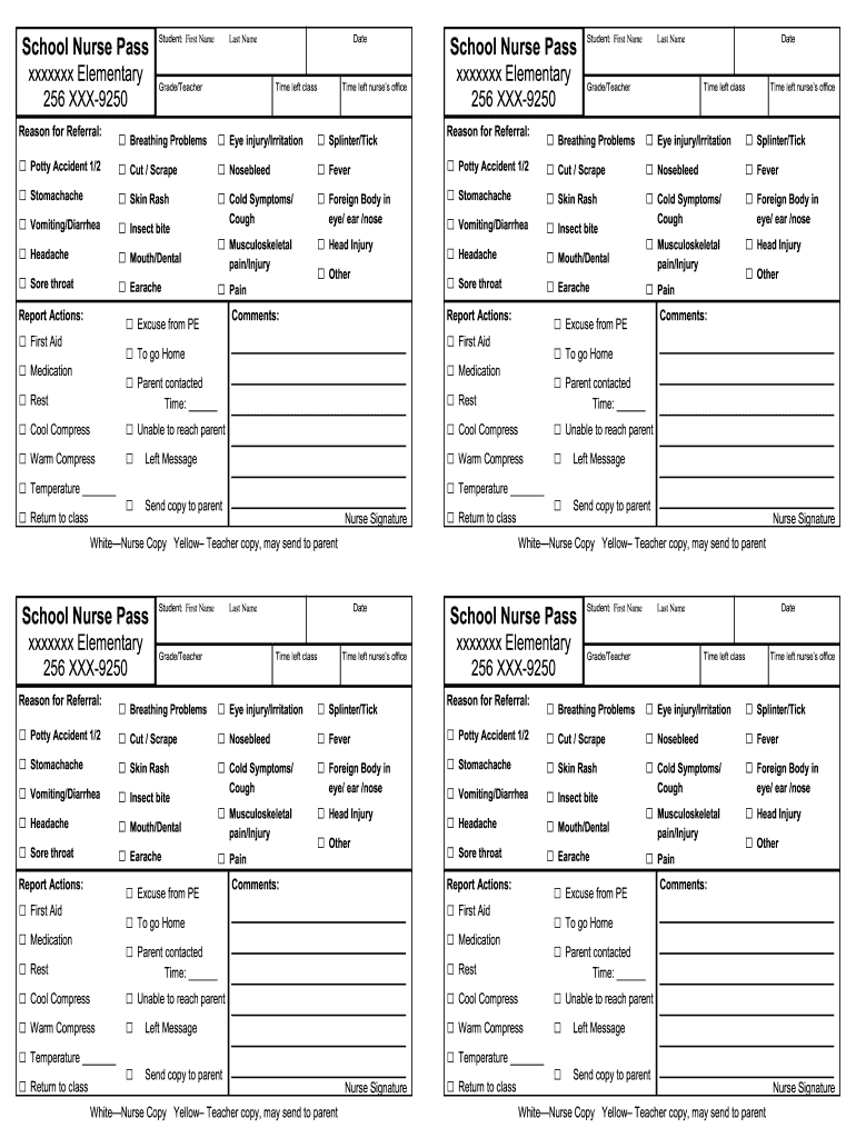 School Nurse Pass Printable  Form