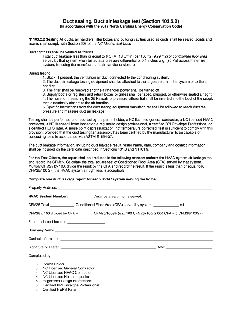 Nc Duct Leakage Test Form