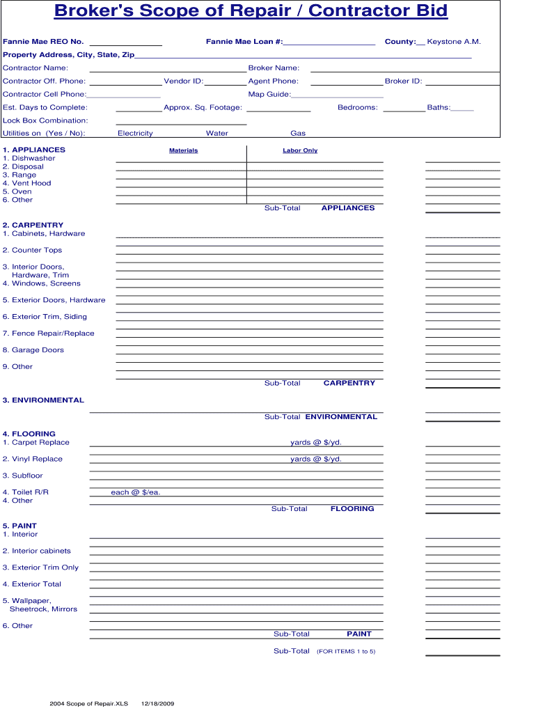  Broker&#39;s Scope of Repair Contractor Bid 2009-2024