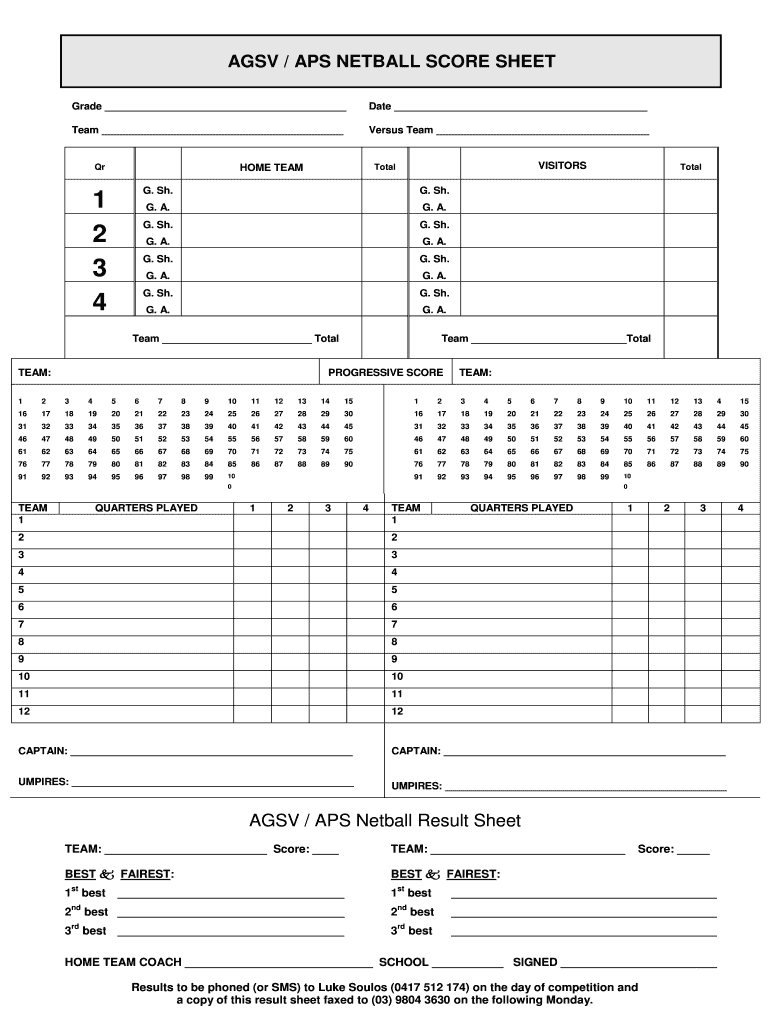 Netball Score Sheetdoc  Form