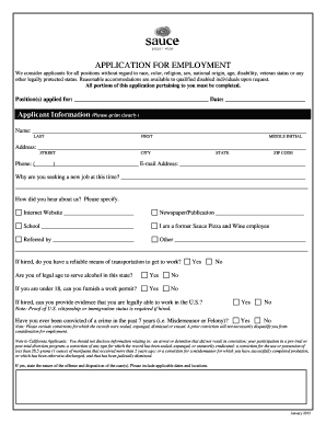 APPLICATION for EMPLOYMENT Sauce Pizza &amp; Wine  Form
