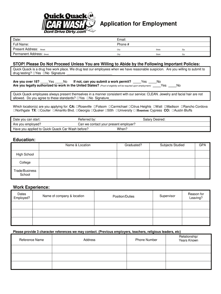 Quick Quack Application  Form