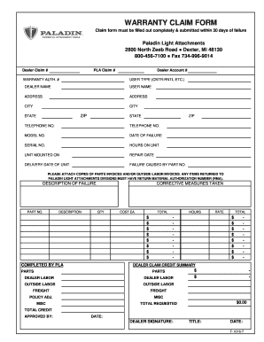 Warranty Claim Form PLA Paladin Attachments