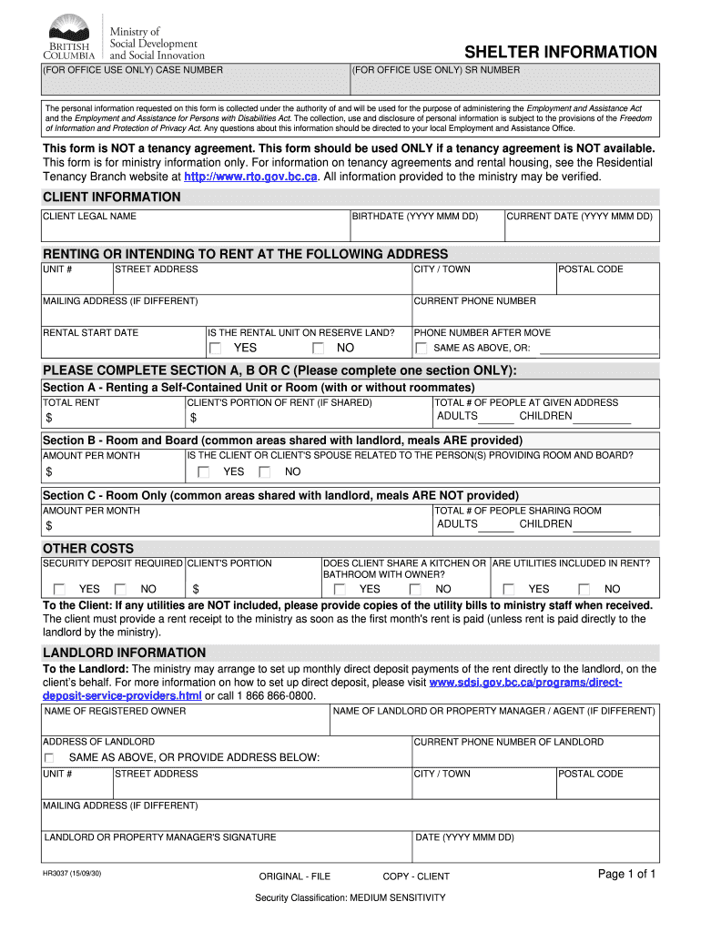 Shelter Verification Form Bc