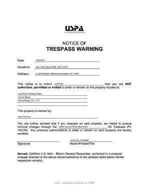 Trespass Warning Notice  Form