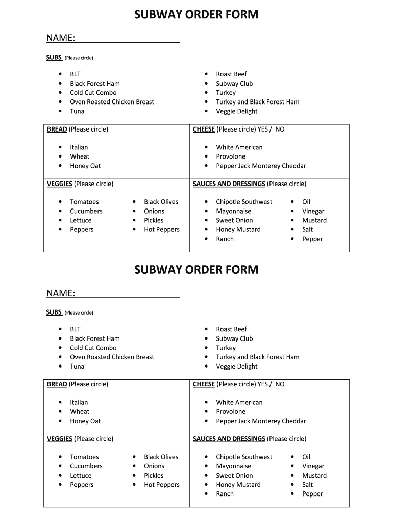 Subway Menu Printable  Form