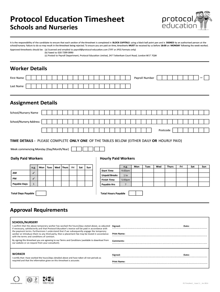  Protocol Education Printable Paper Timesheet 2014