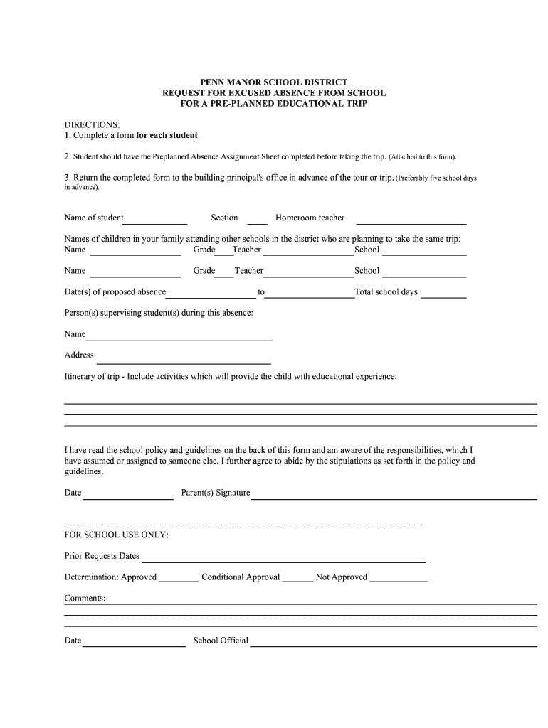 Penn Manor High School Preplanned Trip Form