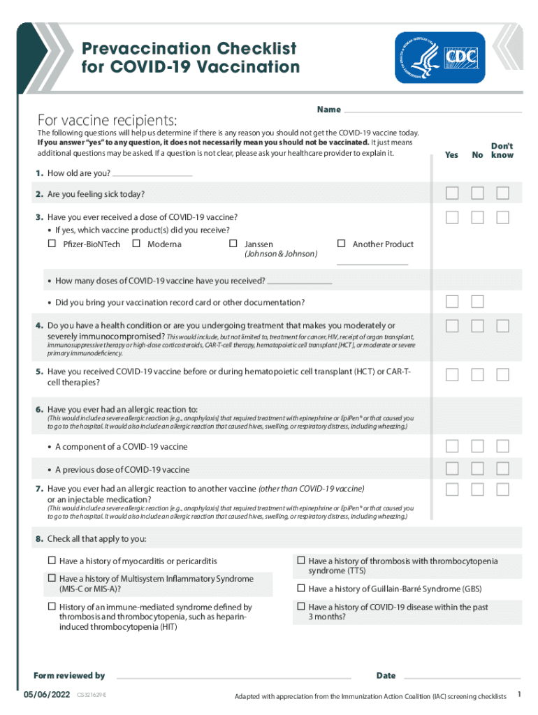 Prevaccination Checklist for COVID 19 Vaccines Information for Healthcare Professionals Questionaire and Fact Sheet to Help Dete