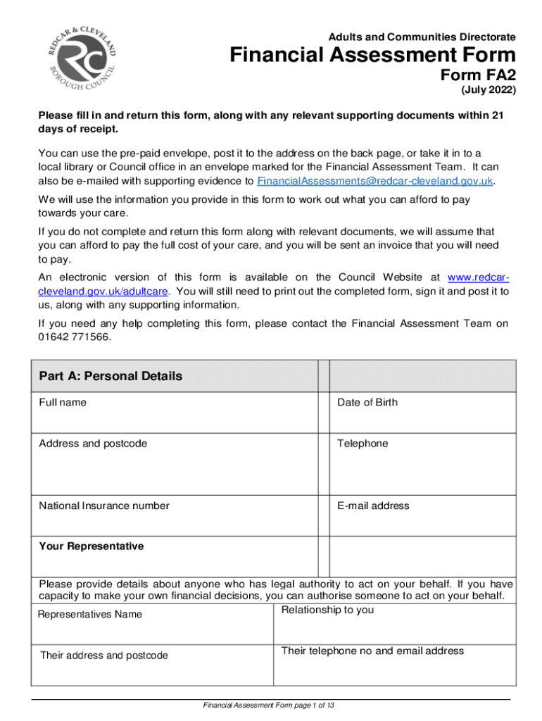 FA2 Financial Assessment Form Redcar and Cleveland