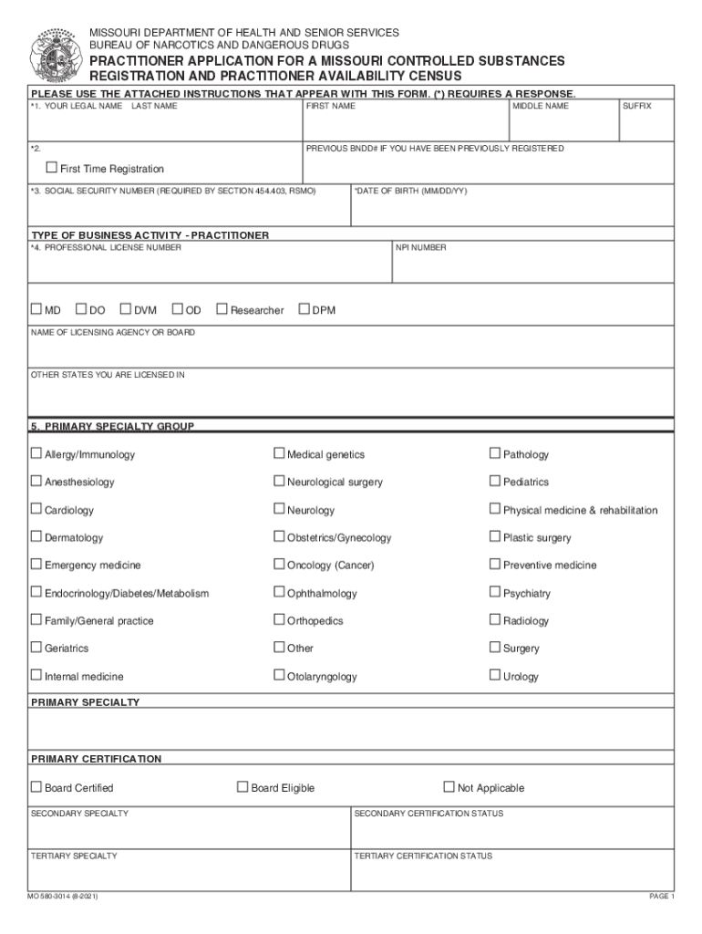 580 3014 8 PRACTITIONER APPLICATION for a MISSOURI CONTROLLED SUBSTANCES REGISTRATION and PRACTITIONER AVAILABILITY CENSUS  Form