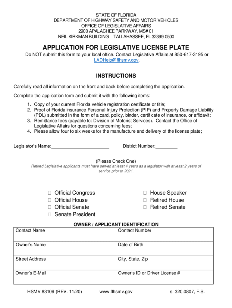  Application for Legislative License Plate Official Legislative License Plate 2020-2024