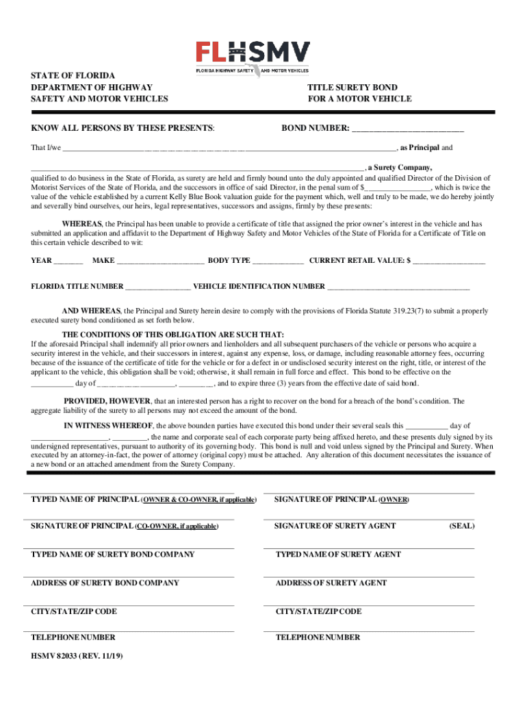  Form HSMV82033 Title Surety Bond for a Motor Vehicle Florida 2019-2024